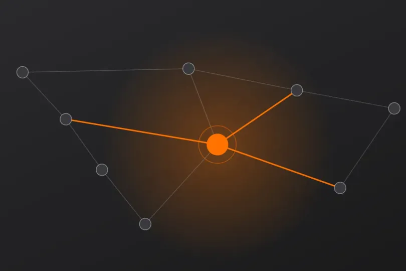 Abstract network of connected nodes with one highlighted orange node